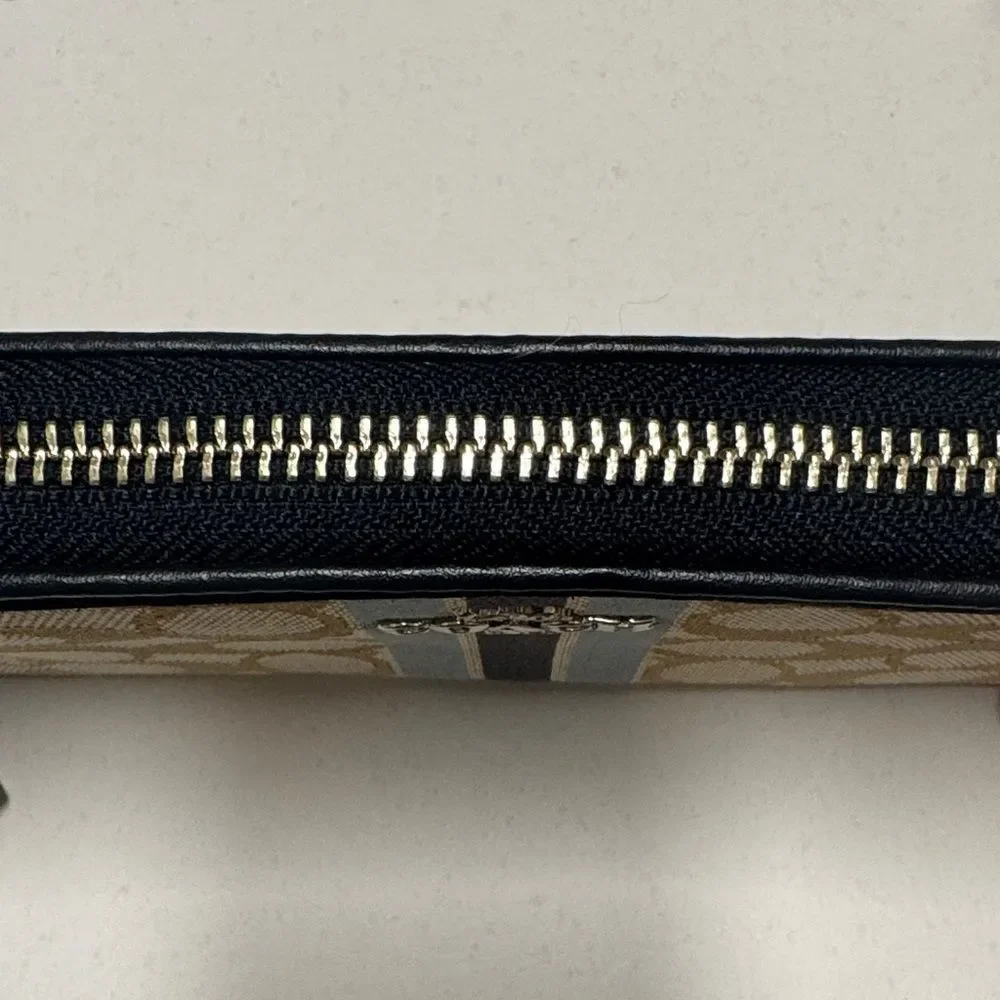 COACH ACCORDION ZIP WALLET KHAKI WITH BLUE JACQUARD STRIPE